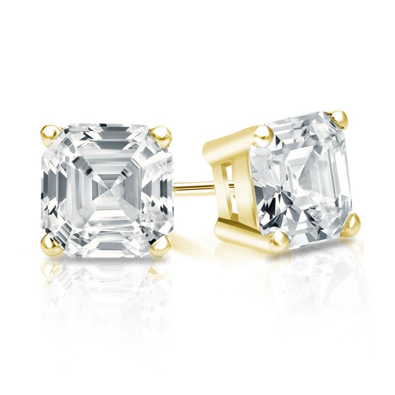 Stud Earrings Asscher 14k Yellow Gold 4-Prong Basket