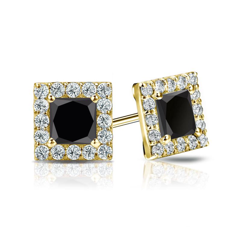 Yellow Gold Halo Princess-Cut Black Diamond Stud Earrings