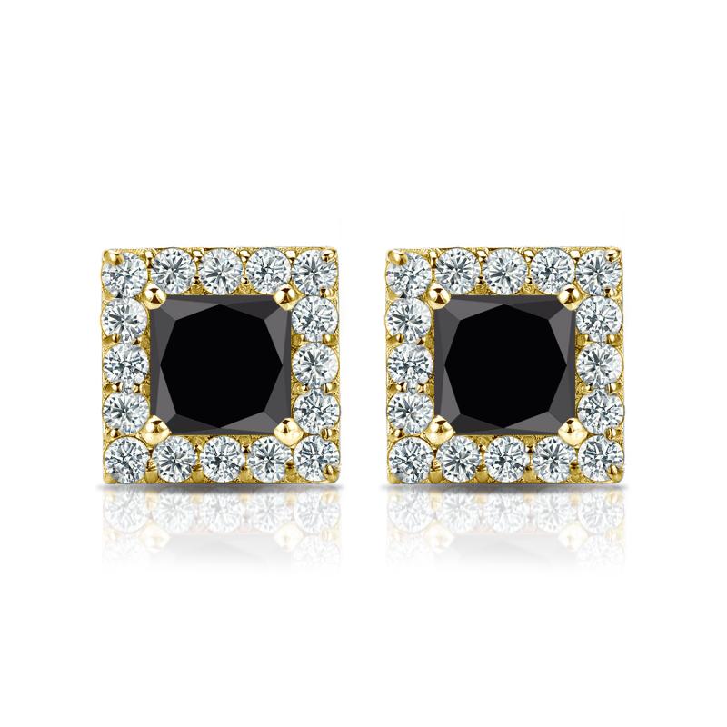 Yellow Gold Halo Princess-Cut Black Diamond Stud Earrings