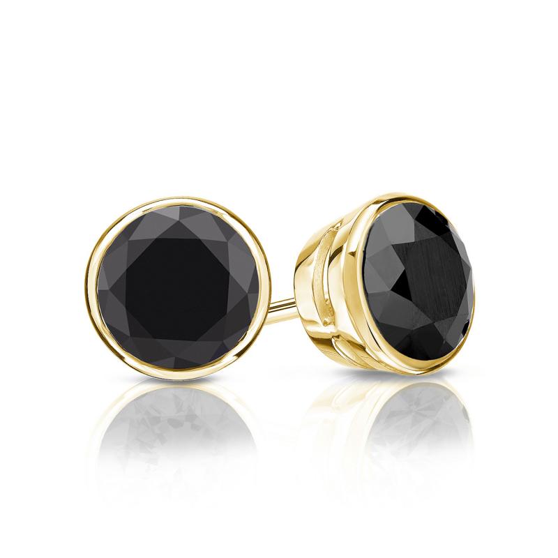 Yellow Gold Bezel Round Black Diamond Stud Earrings