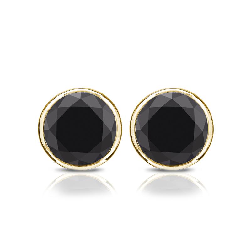 Yellow Gold Bezel Round Black Diamond Stud Earrings