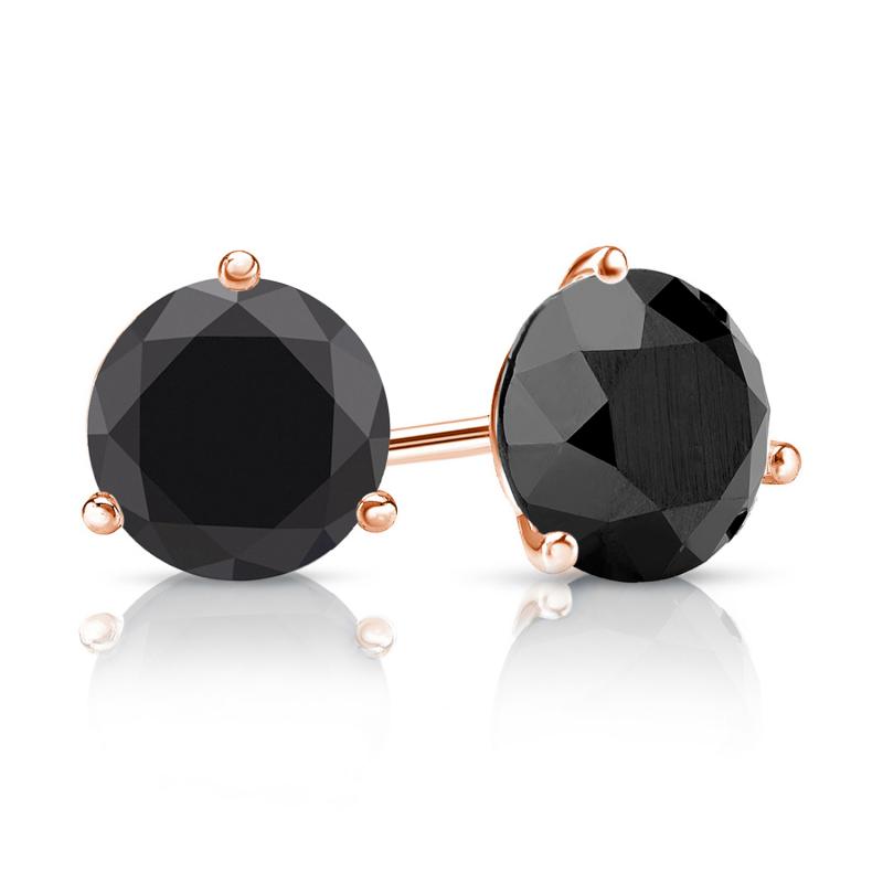 Rose Gold 3-Prong Martini Round Black Diamond Stud Earrings