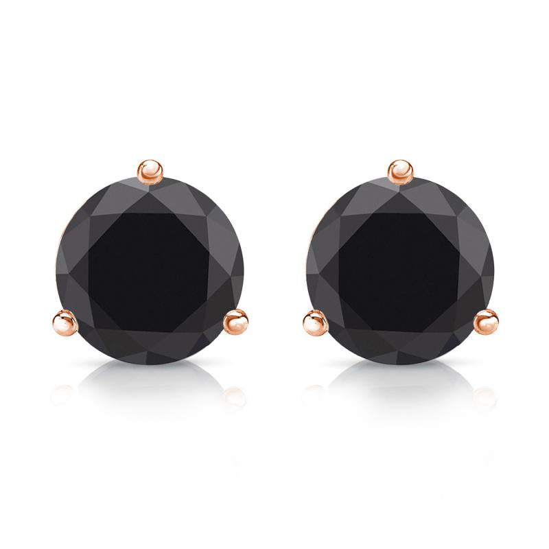 Rose Gold 3-Prong Martini Round Black Diamond Stud Earrings