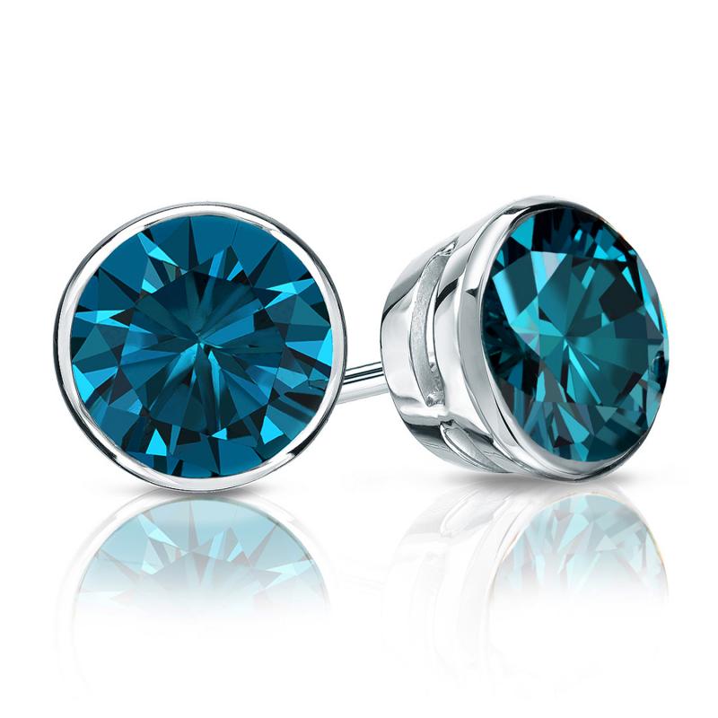 White Gold Bezel Round Blue Diamond Stud Earrings