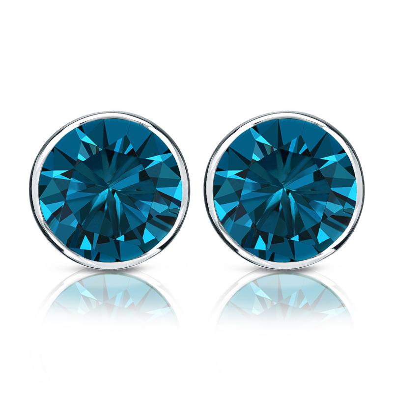 White Gold Bezel Round Blue Diamond Stud Earrings