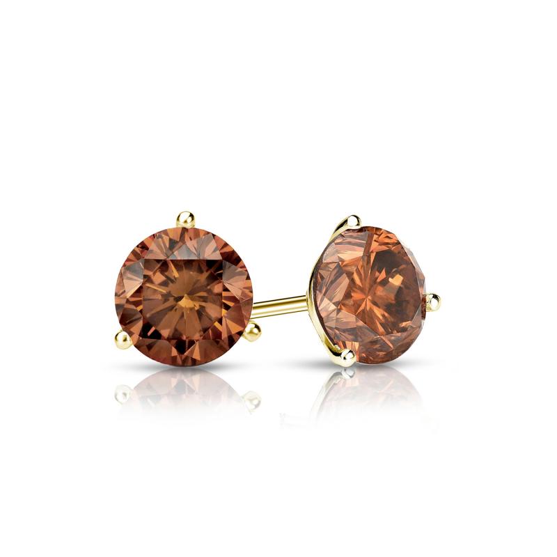 Yellow Gold 3-Prong Martini Round Brown Diamond Stud Earrings