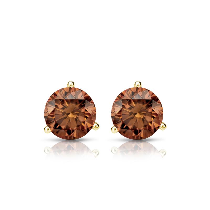 Yellow Gold 3-Prong Martini Round Brown Diamond Stud Earrings