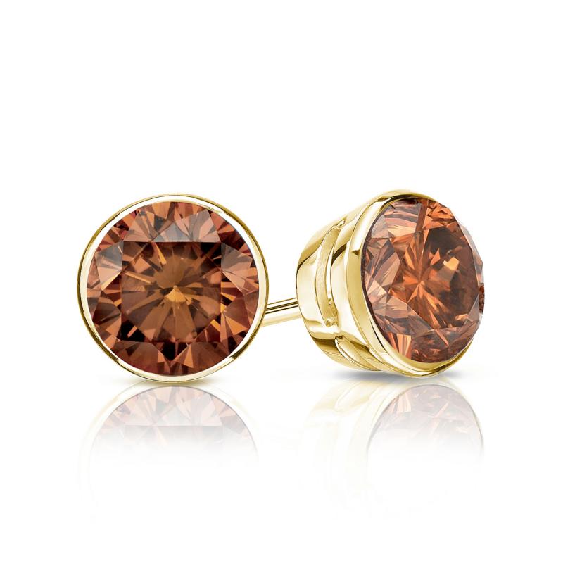 Yellow Gold Bezel Round Brown Diamond Stud Earrings