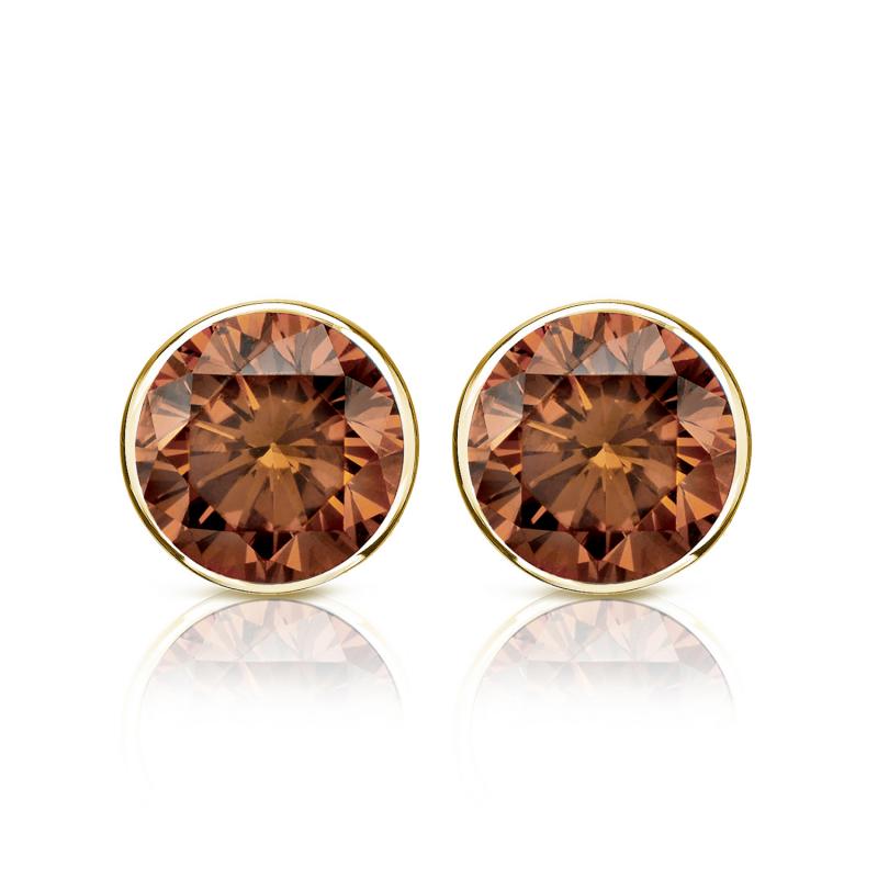 Yellow Gold Bezel Round Brown Diamond Stud Earrings