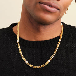 Cuban Link Pearl Inset Gold Chain - 6mm