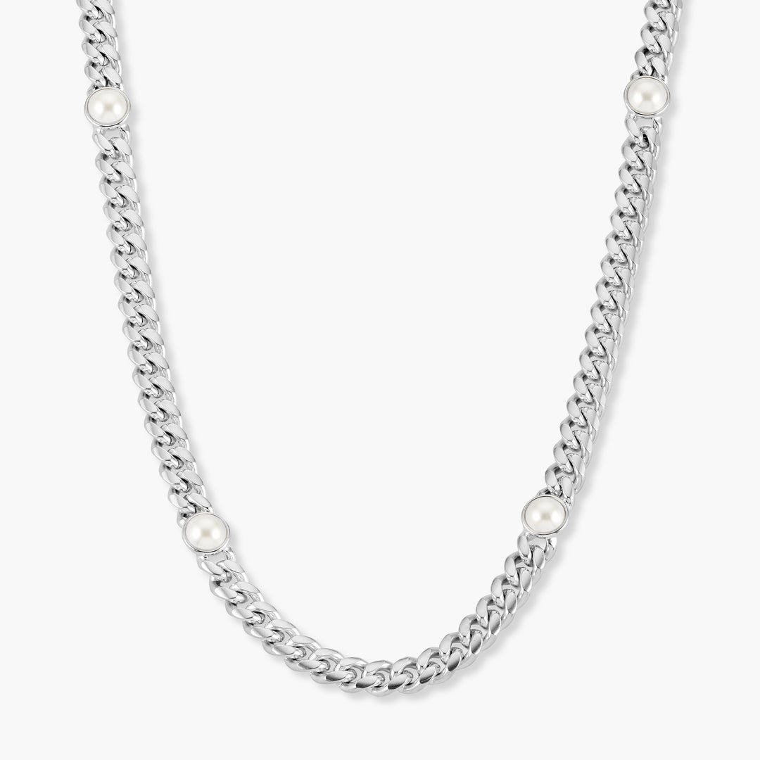 Cuban Link Pearl Inset Silver Chain