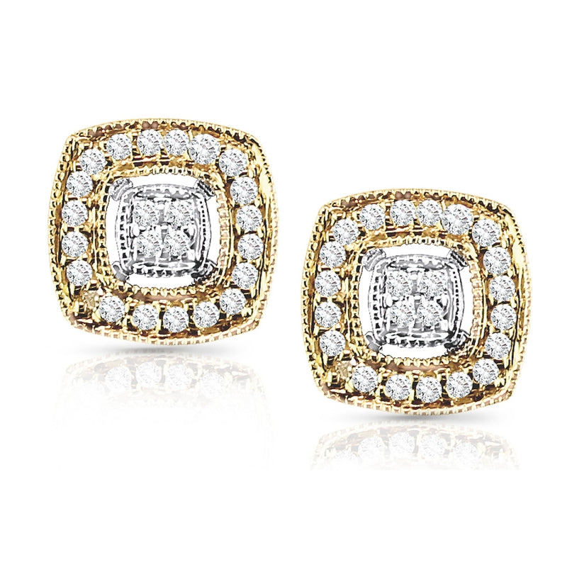 Two-Tone Round Cut Square Shaped Diamond Stud Earrings