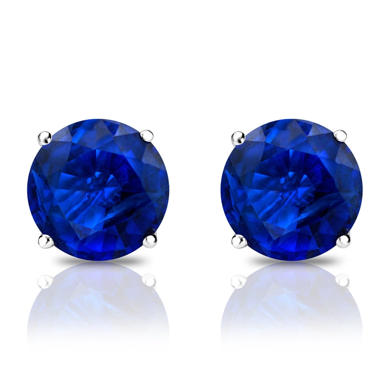 White Gold 4-Prong Basket Round Blue Stud Earrings