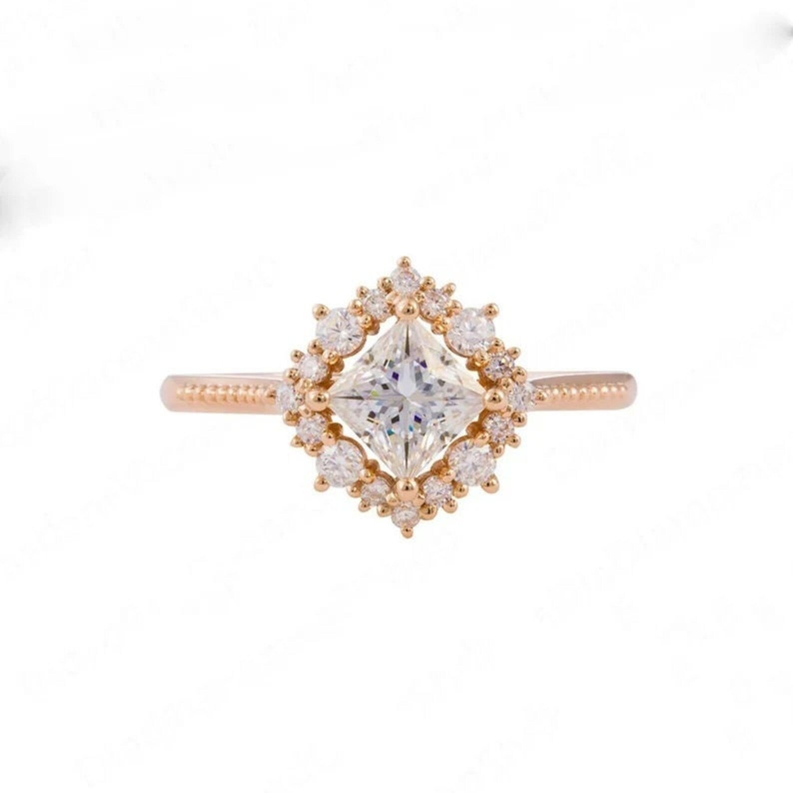 1.50 CT Princess Cut Moissanite Wedding Ring, 14K Rose Gold Decorative Halo Ring, Unique Ring, Bridal Ring, Anniversary Ring