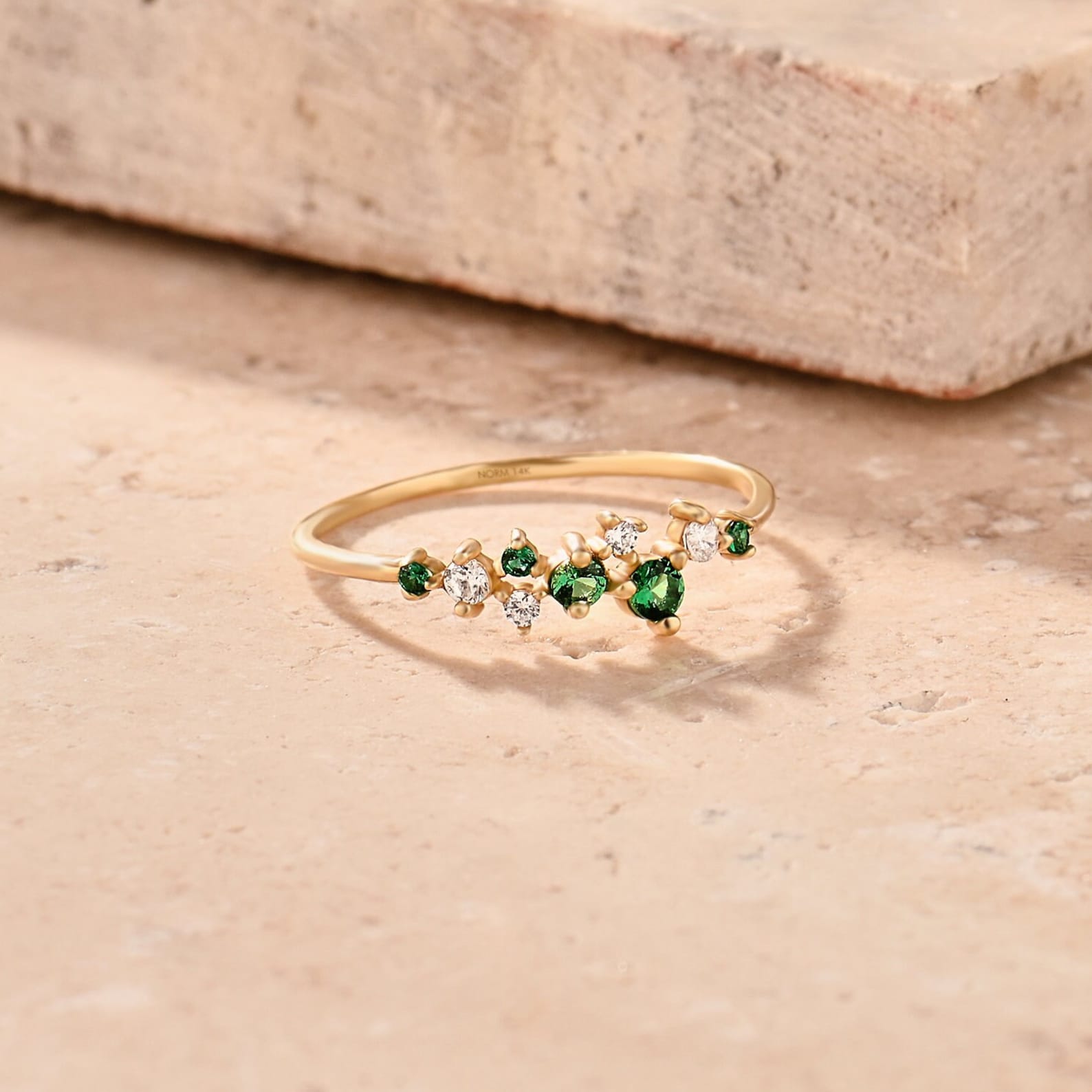 14k Gold Emerald Ring, Solid Gold Cluster Wedding Ring, Womens Emerald Stacking Ring, Minimalist Green Gemstone Ring, Dainty Statement Ring