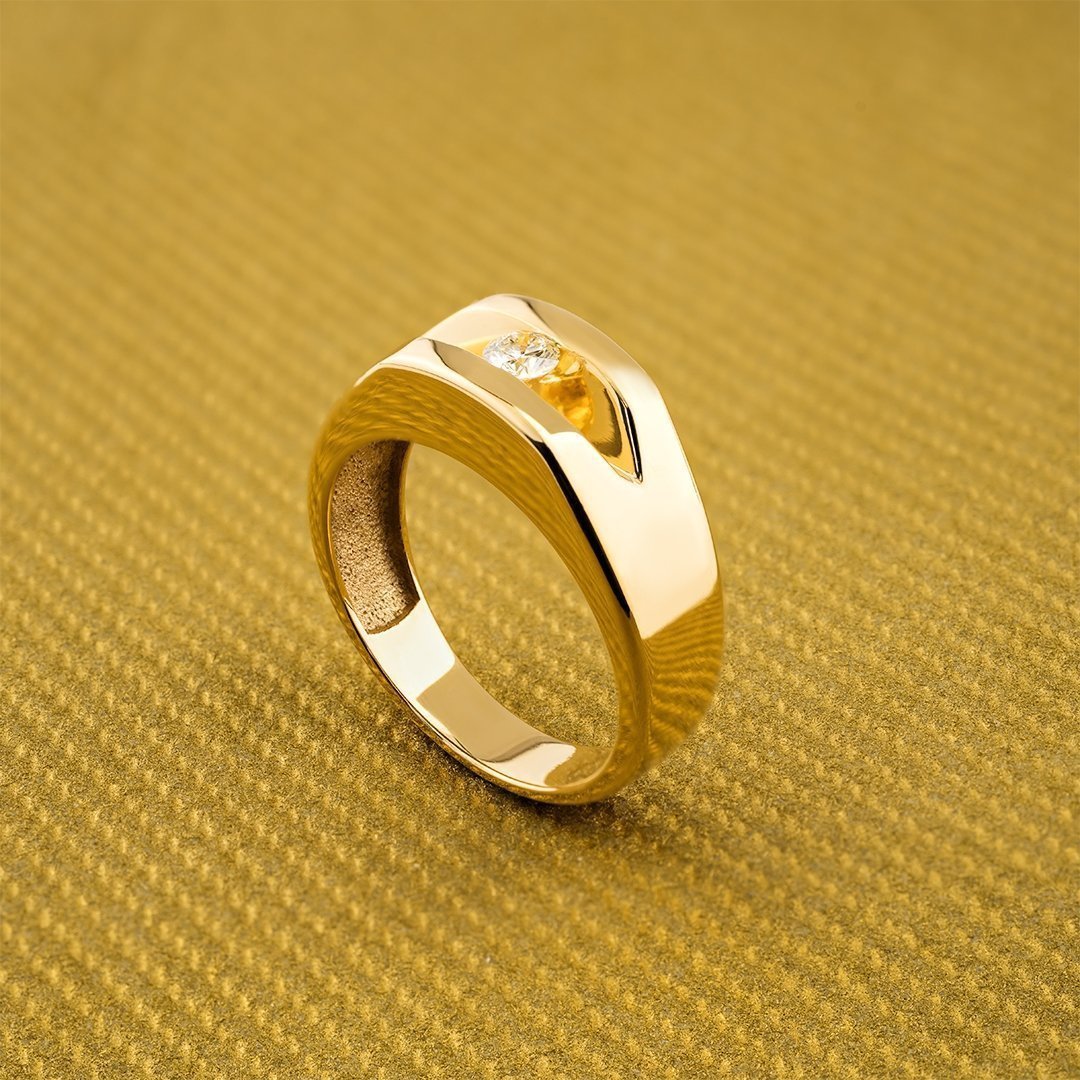 Yellow Gold Solitaire Tension Set Mens Diamond Ring